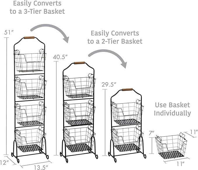 Mikasa Gourmet Basics Ferme 4-Tier Market Basket - Antique Black Wire and Acacia Wood Handle, Kitchen Fruit Vegetable Storage Organizer, 13.5 x 11.5 x 51 Inches