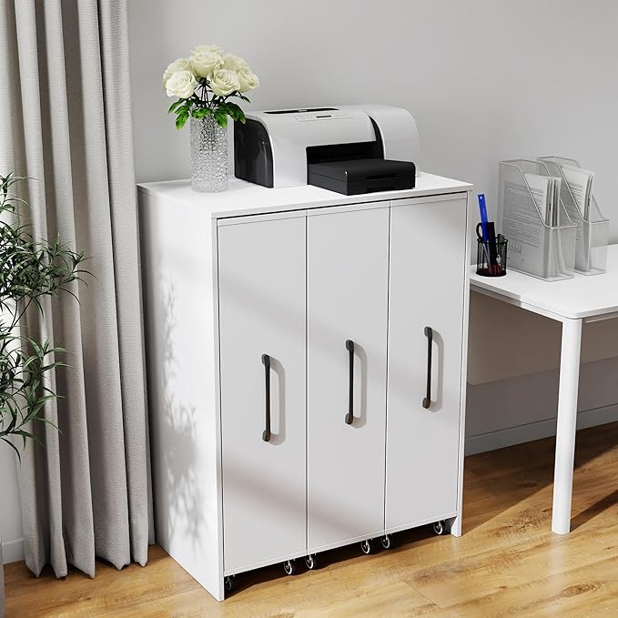 Bookcase with Three Pulled Out Doors Shelving Cabinet,3 Tier Floor Standing Bookcase,Slide Out Storage Bookcase File Cabinet,Office Bedroom Living Room Hidden Storage Cabinet with Wheels