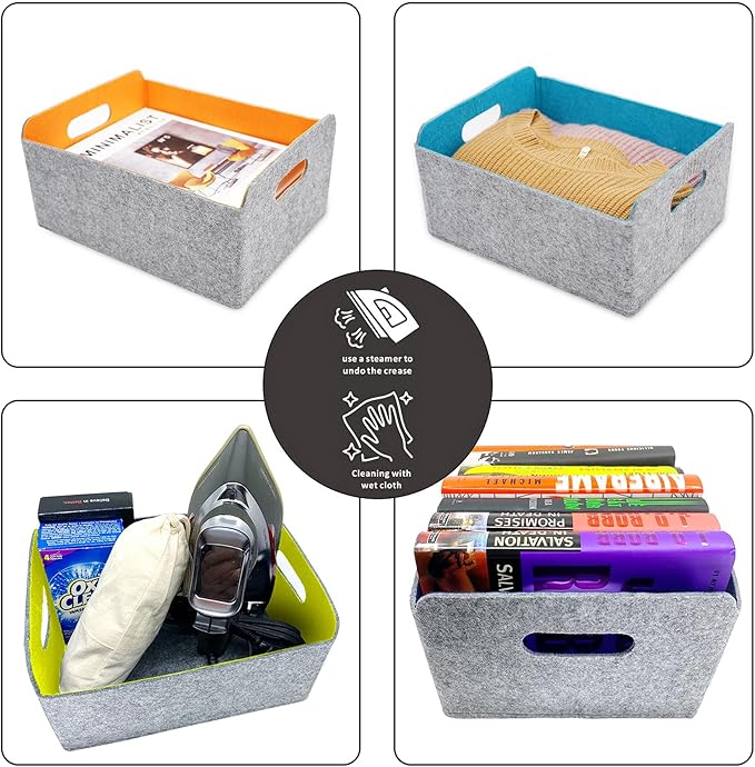 Welaxy Collapsible Felt Storage Baskets, 3-Pack beige Shelf Bins for Toys, Clothes, Books & Closet Organization (Oatmeal x 3)