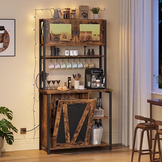 HOOBRO Bakers Rack with Trash Can Bin Cabinet, 6-Tier Microwave Stand with LED Stripe, Kitchen Storage Shelf with Outlet, Tall Coffee Bar Station for Dining Room, Rustic Brown and Black BF24UDHB01