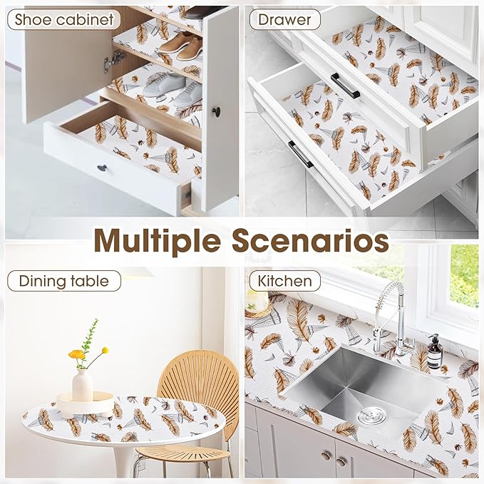 ALIUNI Drawer and Shelf Liner, Non-Slip Kitchen Cabinet Liners Non-Adhesive Thick Strong Grip Waterproof Washable Mats Protect Dresser Shelves Cupboard Bathroom Cabinets, Feather, 12 in X 20 FT
