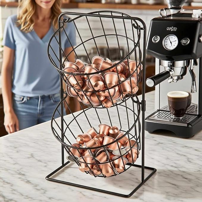 2 Tier Coffee Pod Holder - K Cup Holder Organizer,Hanging Basket Stand for Kitchen Countertop,Coffee Bar Accessories, Metal Black
