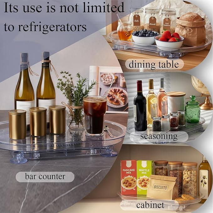 Rectangular Lazy Susan 16.5"x11" for Refrigerator Shelf - 180° Spinning Turntable Organizer with Suction Cups, Fits Fridge, Cabinet, Pantry & Countertop