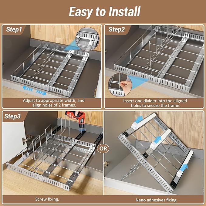 Housolution Pull Out Stainless Steel Baking Tray and Cookie Sheet Organizer, 13"-22" Width Expandable Cutting Board Holder with 8 Adjustable Dividers, 20" Deep Bakeware Rack for Cabinet, Silver