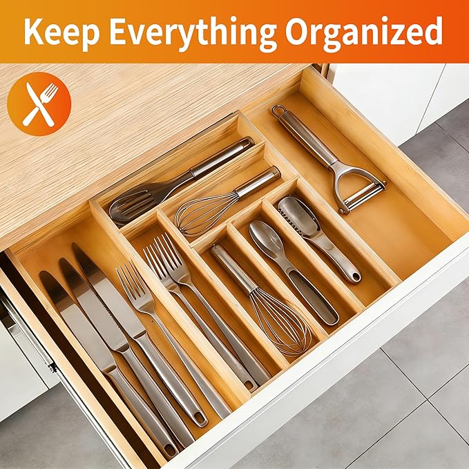 Bamboo Expandable Drawer Organizer for Utensils Holder, Wood Drawer Dividers for Silverware, Flatware, Knives in Kitchen, Bedroom, Living Room