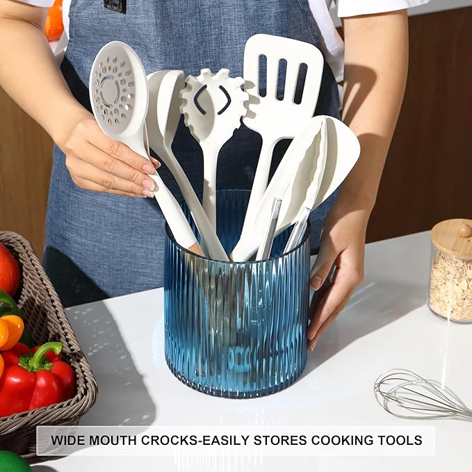 Blue Utensil Holder, 6.3" Glass Kitchen Utensil Holder for Countertop, Large Cooking Utensil Holders for Kitchen Counter, Utensil Crocks for Farmhouse Decor