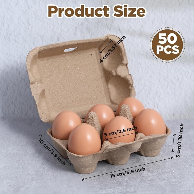 PercyEffie 50 Pack Half Dozen Egg Cartons Bulk,Blank Natural Pulp Egg Carton 6 Count for Chicken Eggs, Reusable Storage Holder Cardboard Paper Holder Container Organizer Pulp Eggs Crate for Fridge