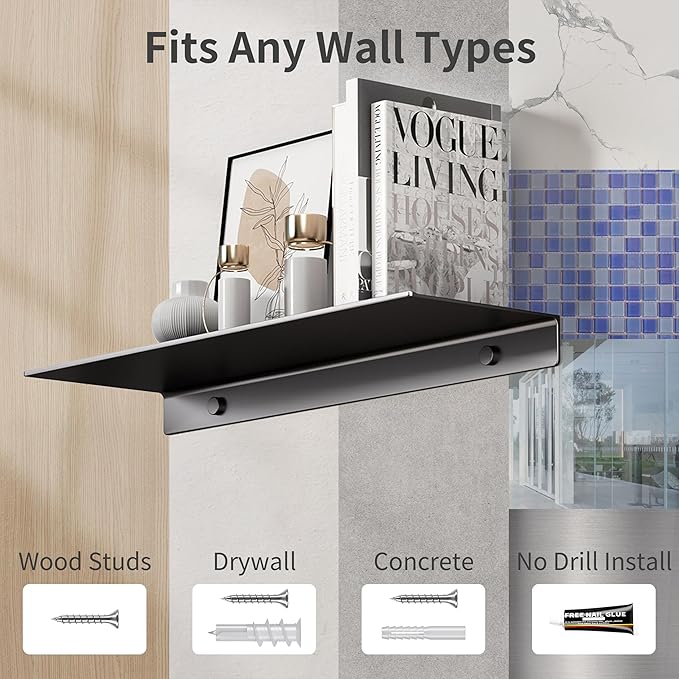 Danpoo Black Floating Shelves for Wall Storage, Metal Wall Shelves for Living Room, Bathroom, Kitchen, 16” Display Shelves for Collectibles(2 PCS)
