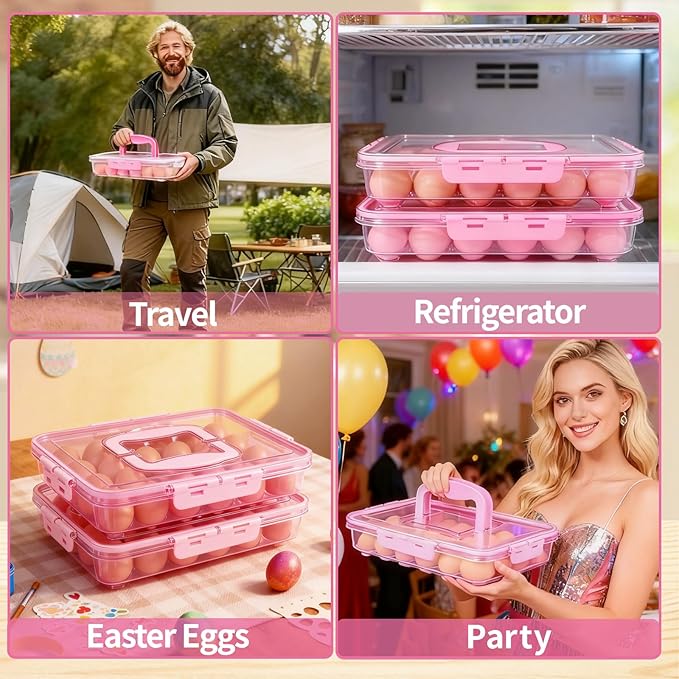 RoskDeewat Deviled Egg Containers with Lid, 2 Pack Thick Clear Plastic Deviled Carrier with Handle Storage 48 Eggs, Stackable Egg Holder Portable Tray Platter for Fridge, Travel, Party-Pink