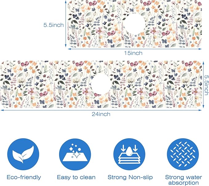 Vintage Watercolor Floral Kitchen Sink Splash Guard Mat Absorbent Fast Drying Mat Faucet Draining Mat Sink Splash Guard Behind Faucet Drip Catcher for Kitchen Bathroom 5.5"×24"