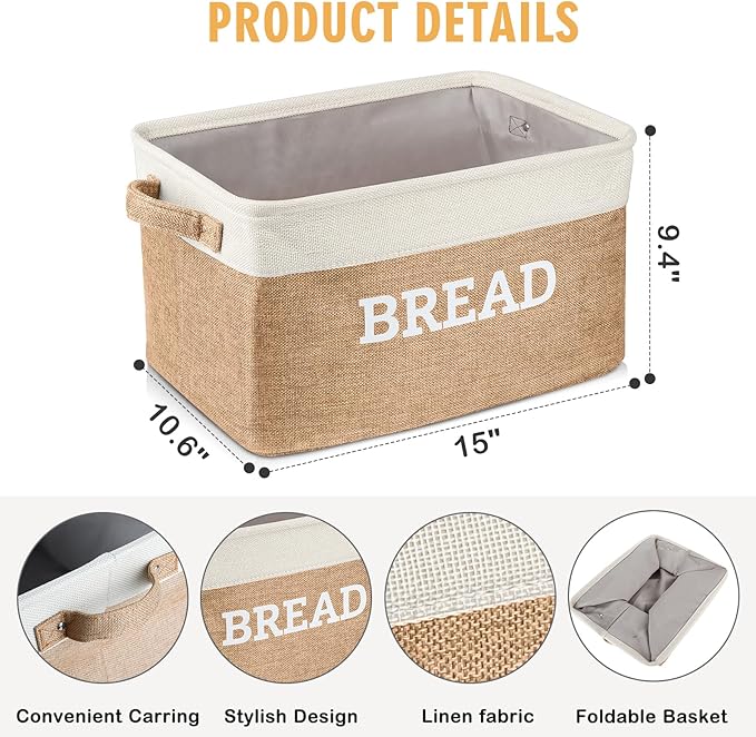 Lukeline Bread Storage Basket for Kitchen, Foldable Fabric Bread Keeper Bread Storage Container Bin with Handles, Bread Baskets for Kitchen Counter and Pantry (White & Beige)