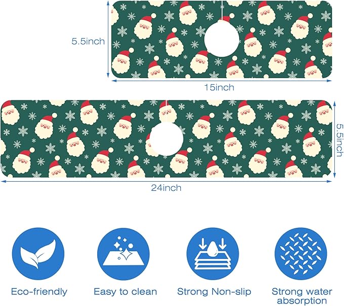 Christmas Kitchen Sink Splash Guard Mat Santa Claus and Snowflakes Sink Splash Guard Faucet Mat Draining Mat Fast Drying Sink Protectors for Kitchen and Bathroom 5.5"×15"
