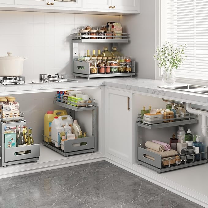 2 Pack Under Sink Organizer Upgrade to Professional Rails,2-Tier Dual Pull Out Cabinet Storage,Height Adjustable Slide Out Drawers for Bathroom Kitchen,Under Sink Shelf-Gun Gray