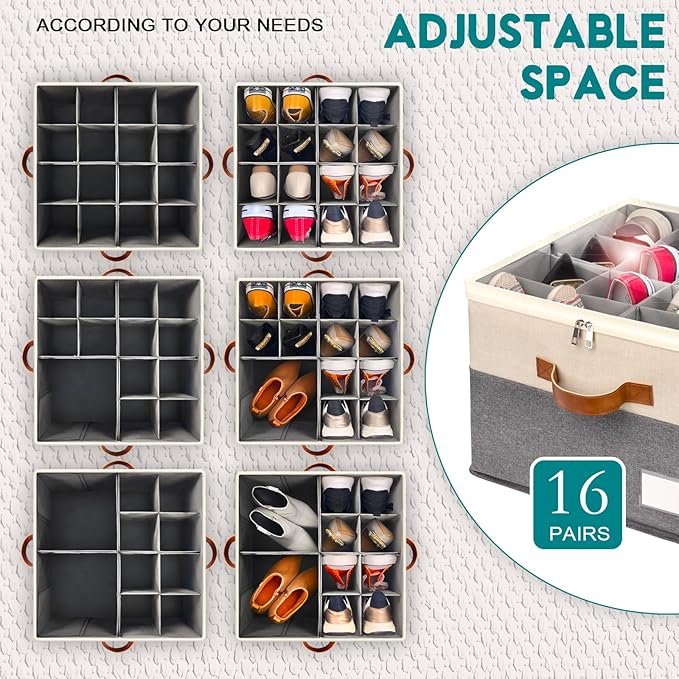 RONCHIL Shoe Organizer for Closet, Foldable Shoe Storage Bins with Clear Cover, Space Saving Shoes Holder with 4 Handles, Large Adjustable Shoe Box Storage Containers, Fits 8-16 Pairs, 1 Pack, Beige