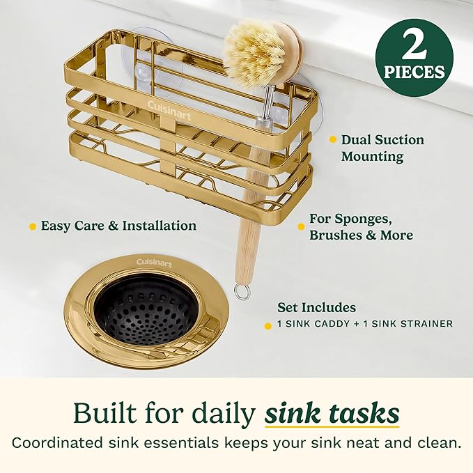 Cuisinart 2 Piece Sink Set – Sink Drain Strainer with Stainless Steel Rim & Silicone Mesh Base & Sponge Holder for Kitchen Sink, Metal Caddy with Triple Suction Cups, Daily Kitchen Essentials