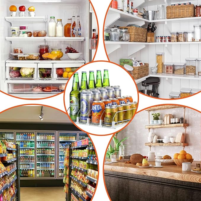 Drink Organizer for Fridge, Soda Can Automatic Dispenser for Refrigerator, Self Pushing Glide Beverage thruster, 4 Row White