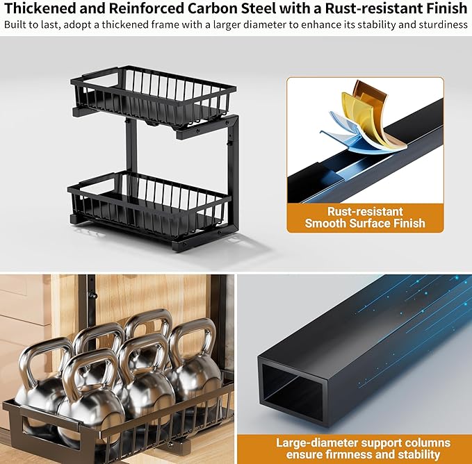 TOFWOF Under Sink Organizer 2 Pack, 2 Tier Adjustable Height Reinforced Carbon Steel Under Kitchen Bathroom Sink Storage Organizer, Smooth Pull-out Under Sink Cabinet Rack Drawer Organizer, Black