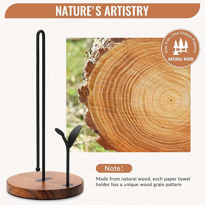Wood Paper Towel Holder Countertop, Leaf-Shaped Accent Iron Rods with Anti Slip Weighted Base, Easy Tear Farmhouse Kitchen Towel Holder for Dining Table