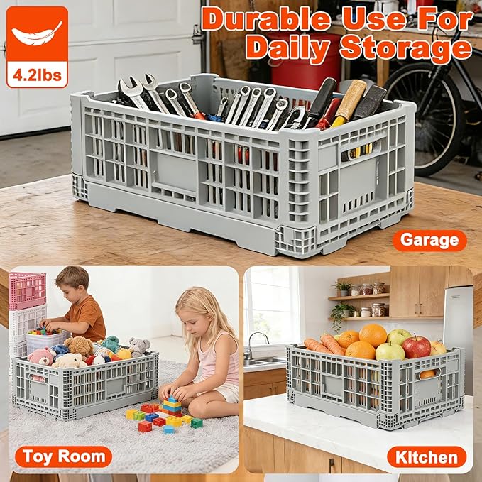 Shineyaplus Collapsible Milk Crate, 1 pck 52L(13GAL) Stackable Storage Bins, Heavy Duty Storage Crates, Plastic Crates for Grocery, Warehouse Organization - Extra Large, Holds 130 lbs Per Bin