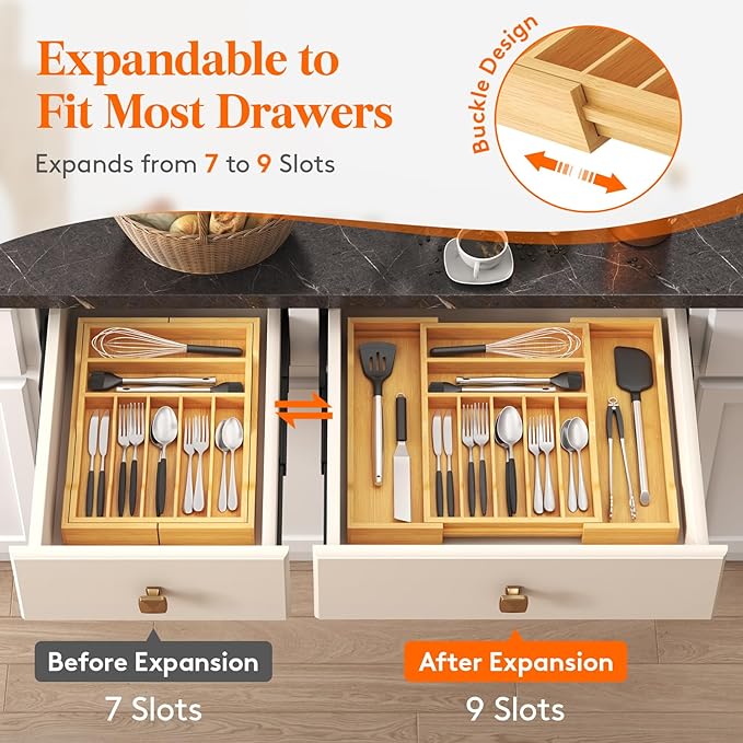 Lifewit Silverware Drawer Organizer, Expandable Utensil Tray for Kitchen, Bamboo Flatware and Cutlery Holder, Wood Adjustable Storage for Spoons Forks Knives, 31- 53 x 43cm, Natural