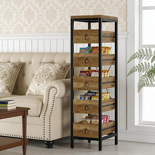 Kitchen Fruit Vegetable Storage Rack, 5-Tier Narrow Snack Fruit Display Stand with 5 Pull-Out Drawers Basket, Utility Organizer Standing Shelf for Kitchen Living Room Bathroom Supermarket, Brown