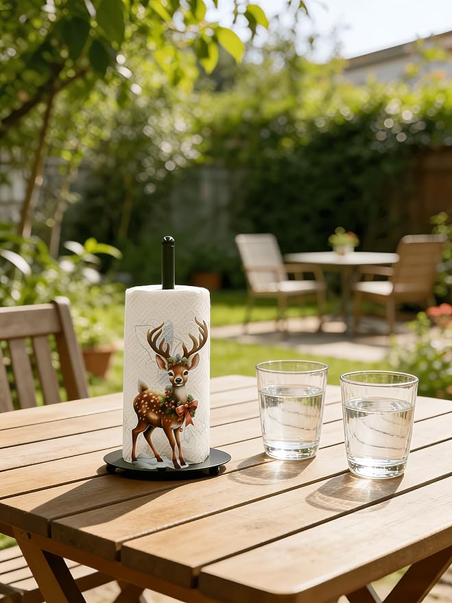 Deer Paper Towel Holder Countertop, Freestanding Paper Roll Holder,Easy One-Handed Tear Kitchen Paper Towel Stand with Weighted Base,Cute Animal Home Decor for Kitchen and Bathroom Countertop(1 Pack)