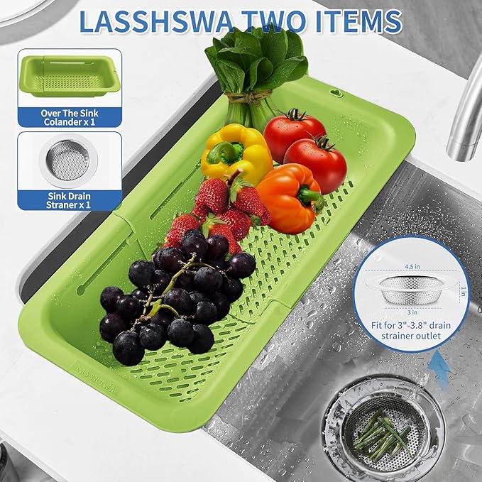 LASSHSWA Collapsible Colander and Strainer for Kitchen, Over the Sink Strainer Basket for Kitchen, Fruit Pasta Food Strainer Expandable Plastic Colander (Green)