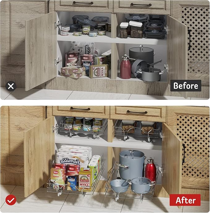 LOVMOR Pull Out Cabinet Organizer and Storage 11" W x 18" D, Slide Out Shelves for Kitchen Cabinets