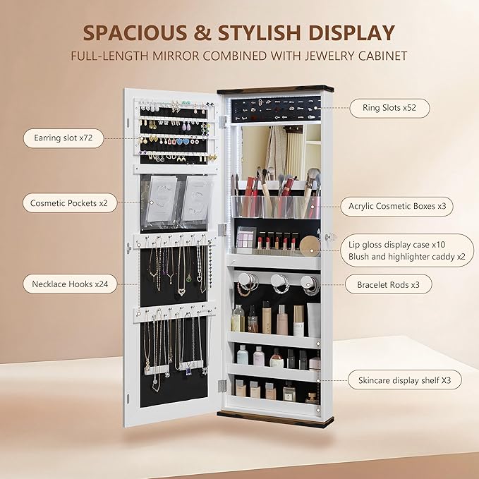 Over the Door Jewelry Organizer, 12 Hollywood Bulbs Hanging Jewelry Armoire with Full Length Mirror, 43.5" Lockable Large Storage Jewelry Cabinet for Girls/Women, (Wood grain white)