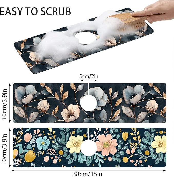 Bimkole 2 PCS Faucet Absorbent Mat, Kitchen Faucet Sink Splash Guard Wraparound Cloth Pads Drip Catcher for Sink Faucet for Kitchen Bathroom Faucet, Colorful Faucet Mat, 15 x 4 Inch Flower A4