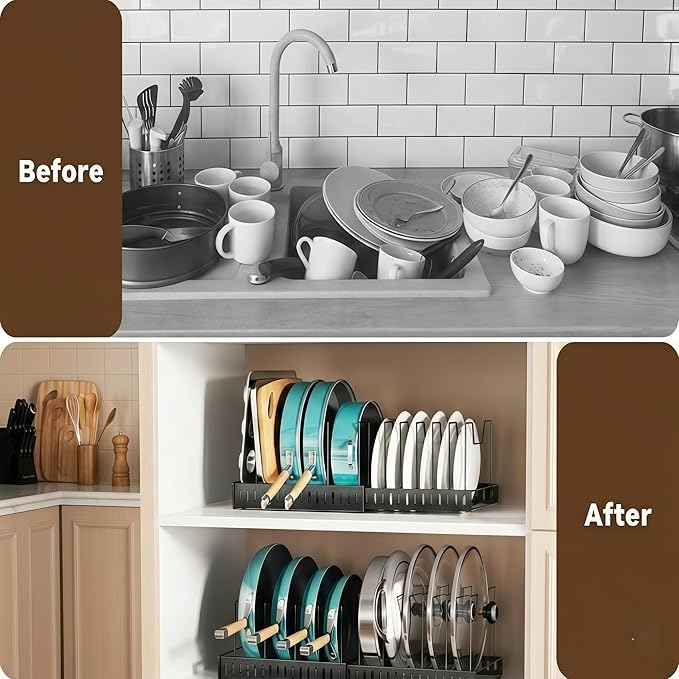 RoleDes 4 Pack Pot and Pan Organizer Inside Cabinet, Expandable Storage Set for Kitchen Drawer or Shelf, Black Organizer with 16 Adjustable Dividers for Pot Lids, Cookie Sheet and Cutting Board