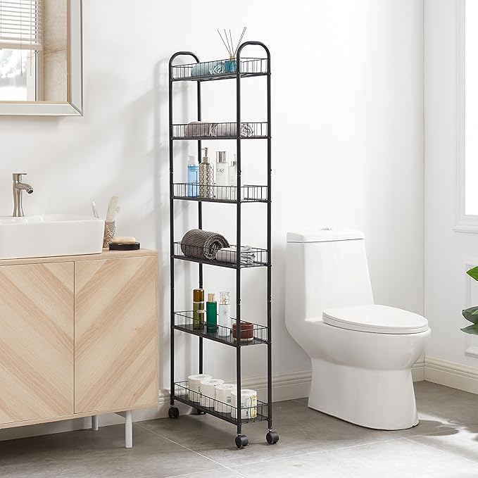 6 Tier Slim Rolling Pantry Storage Cart Metal Wire Storage Shelving Rack with Lockable Wheels Mobile Shelving Unit with Baskets Utility Cart for Kitchen Bathroom Laundry Narrow Places, Black &6" D