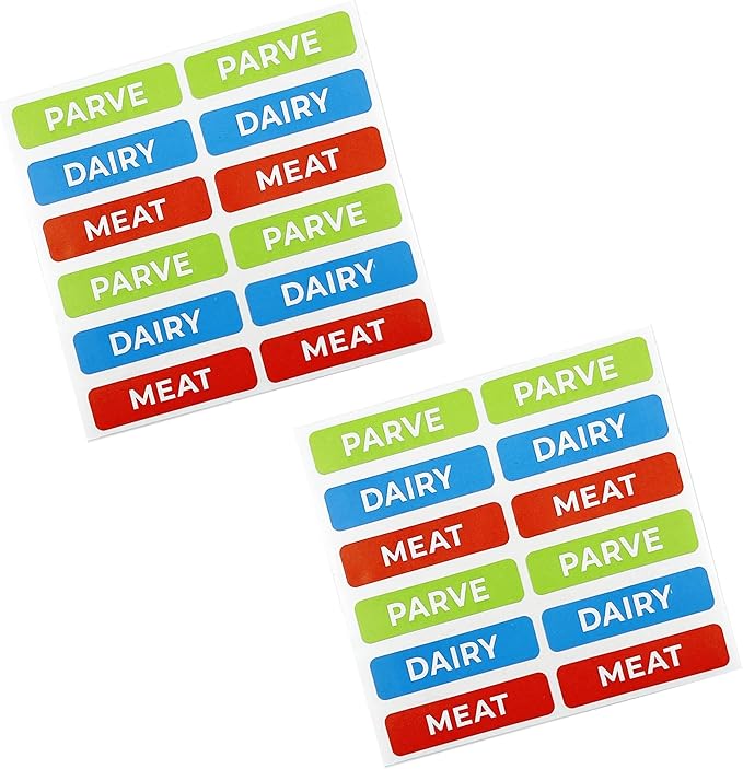 Assorted Kosher Labels, Blue Dairy, Red Meat, Green Parve Rectangle Design Stickers, Oven Proof up to 500°, Microwavable, Dishwasher Safe, English, Color Coded Kosher Kitchen Tools (96-Pack)