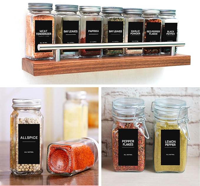 HVSWLY 140PCS Spice Labels for Spice Jars, Black Minimalist Preprinted Spice Jar Labels,Waterproof Oil Resistant Label Stickers for Kitchen Pantry Seasoning Containers