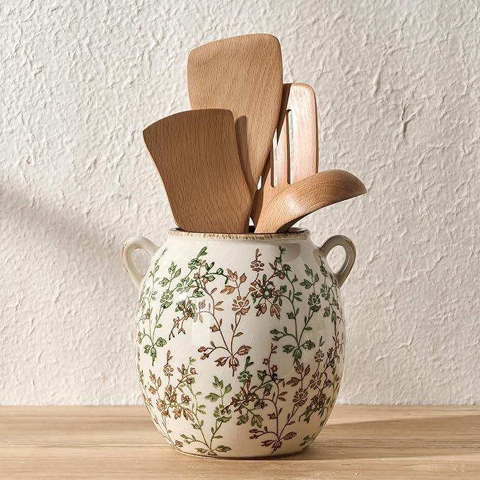 JIEMEI HOME Kitchen Utensil Holder with Handle, 6.69" Stable Pastoral Floral Ceramic Utensil Crock for Countertop, Utensil Organizer with Cork Bottom, Spatula Holder For Kitchen Decor, Green and Beige