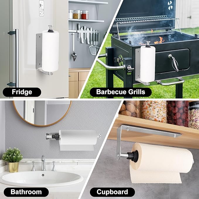 Magnetic Paper Towel Holder with Adjustable Damping, One Hand Tear, Smooth Tension Control, Strong Magnet & Self Adhesive Wall Mount, No Drilling for Kitchen, Fridge, RV, Garage, Grill (Silver)