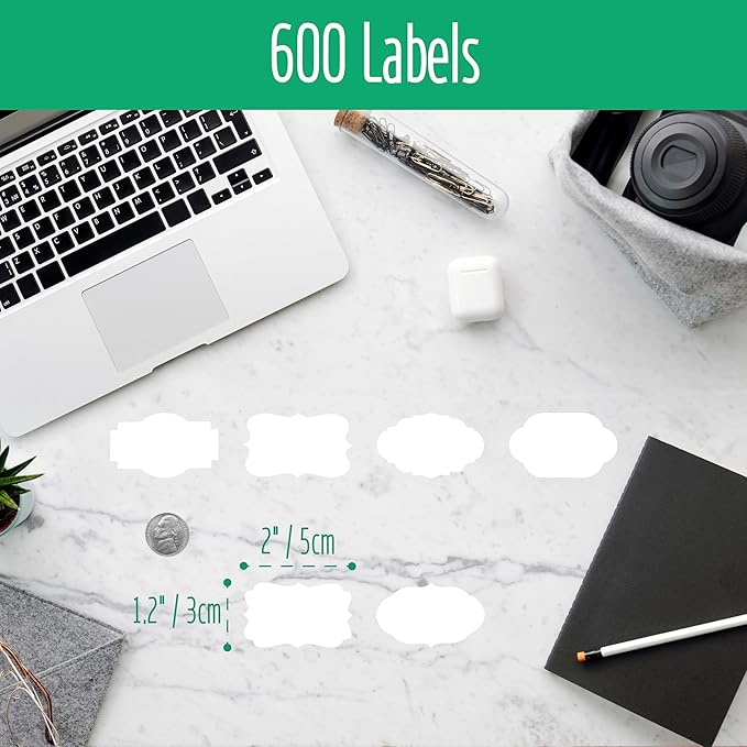 600 PCS Kraft Paper Stickers, 6 Fancy Shapes Labels Self Adhesive Blank Stickers for Crafts, Homemade Food Jars, Gift Tags, Name Labels, Envelope Labels, Home Office Business Uses (White, 1.2” x 2”)
