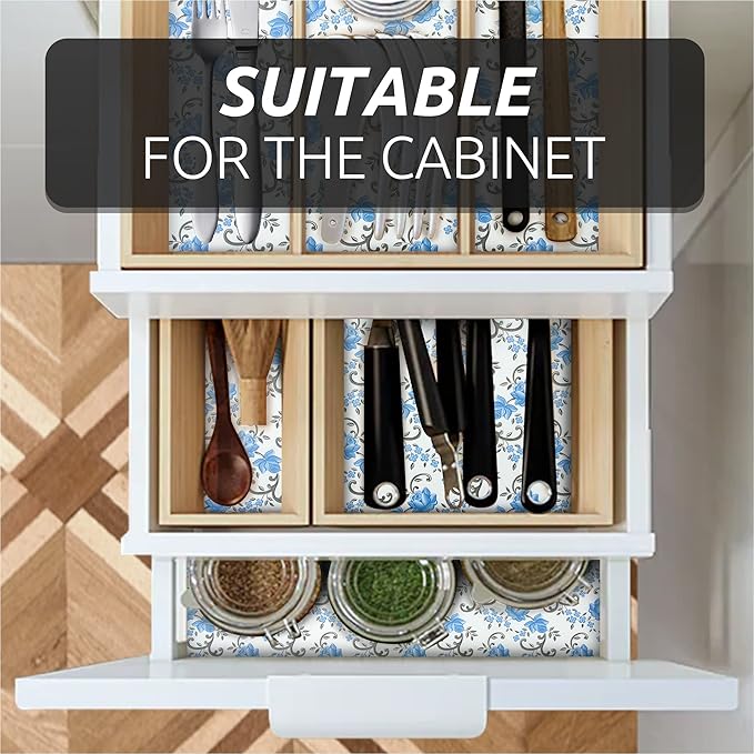 FIFTY FEET 12X120 Inch Shelf Liner for Kitchen Cabinets, PVC Drawer Liner for Dresser Non-Slip Bathroom, Non-Adhesive Cabinet Liner Washable (Blue Floral)(8 Roll)