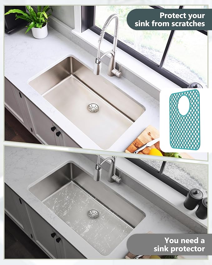 BEHOK 2 Pack Silicone Sink Protectors for Kitchen Sink, Lozenge Pattern 13 x 11 Inches Sink Mat, Non-Slip and Durable Sink Protector Silicone, Rear Drain, Green