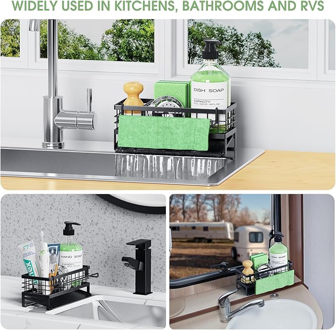 Self-Draining Kitchen Sink Caddy, Rustproof Non-Slip Sponge Holder with Detachable Dish Cloth Holder (Black)