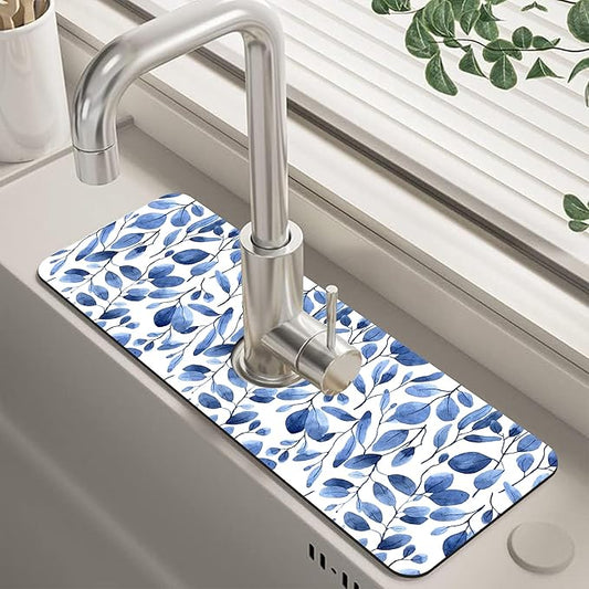 Watercolor Blue Leaves Sink Faucet Absorbing Mat Sink Splash Guard Faucet Mat Draining Mat Fast Drying Sink Protectors for Kitchen and Bathroom 5.5"×15"
