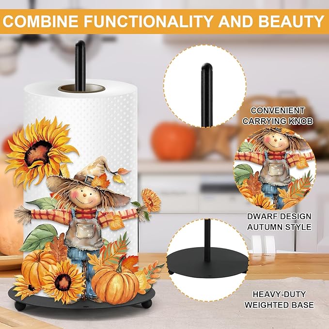 JarThenaAMCS Fall Paper Towel Holder Rustic Scarecrow Kitchen Decor Accessories Large Metal Towel Holder Stand for Autumn Thanksgiving Home Party Bathroom Countertop