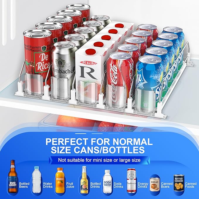 Drink Organizer for Fridge, drink dispenser for fridge, Automatic Pusher Glide,12oz 16oz 20oz-Soda Dispenser for Fridge-Holds up to 25 Cans - 5 Rows White