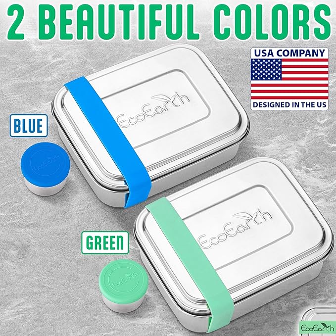 EcoEarth Stainless Steel Bento Box - 27 oz - Leakproof Metal Lunch Boxes for Adults with 3 Compartments - Small Tin Food Containers with Condiment Cups - Snack Box for Work - Green