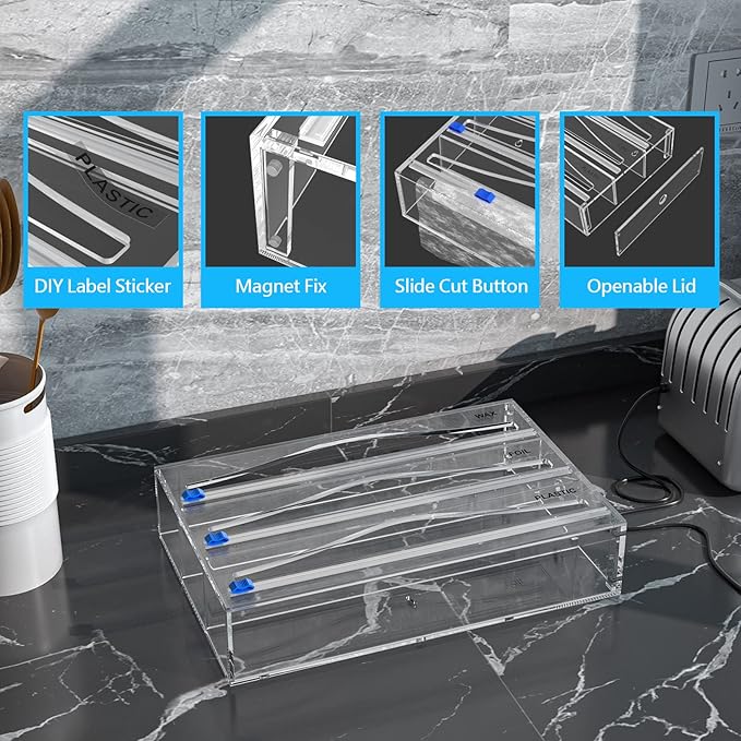 Tin Foil Organizer for Drawer with 12 Labels, Plastic Wrap Dispenser with Cutter, 3 in 1 Acrylic Aluminum Foil Holder, 2 Drawer Organizer for Kitchen Compatible with 12" Roll