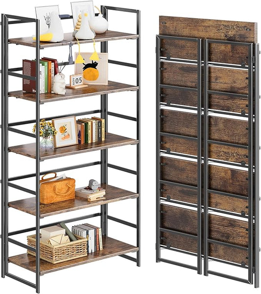 4NM No Assembly 5 Tiers Collapsible Book Shelves, 51.2" H Folding Bookshelf Bookcase Open Industrial Foldable Shelves for Bedroom, Living Room, Home Office - Rustic Brown Black