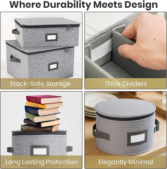 HOMELUX THEORY Dessert Plate Storage Box, 2pc Light Gray Hard Shell China Storage Containers With 24 Felt Pads, Kitchen Storage Bins With Lids, Heavy Duty Moving Box for Dishes & Dinner Plate
