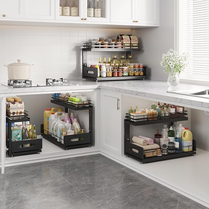 1 Pack 18 IN Depth Under Sink Organizer with Smooth Ball Bearing Slides,2-Tier Pull Out Cabinet Storage,Slide Out Drawers for Bathroom&Kitchen,Rust-resistant Coating,Height Adjustable-Black