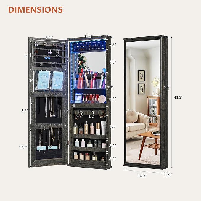 43.5" Over the Door Jewelry Organizer, Mirror with Storage and Lockable, Full Length Mirror Cabinet with Hanging Holder & Built-in Lights Makeup Mirror, Women/Girls (Wood Grain Brown)