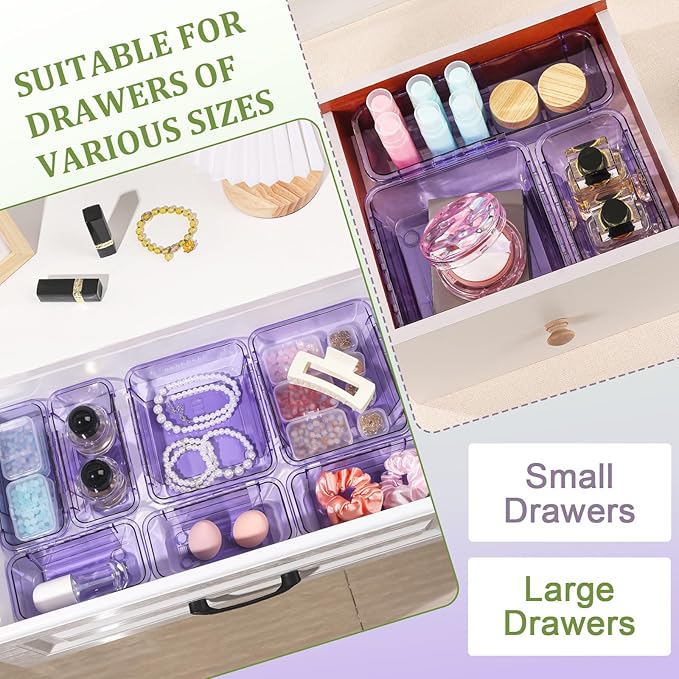 20 Pcs Adjustable Clear Drawer Organizer, All Extendable Vanity Storage Bins, Desk Drawer Organizer Set for Makeup, Cosmetics, Bedroom, and Gadgets, Purple
